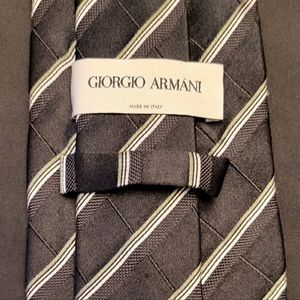 Armani Silk Necktie, Black w/Subtle Green/Yellow/Grey Striping @58"L 3.5"W